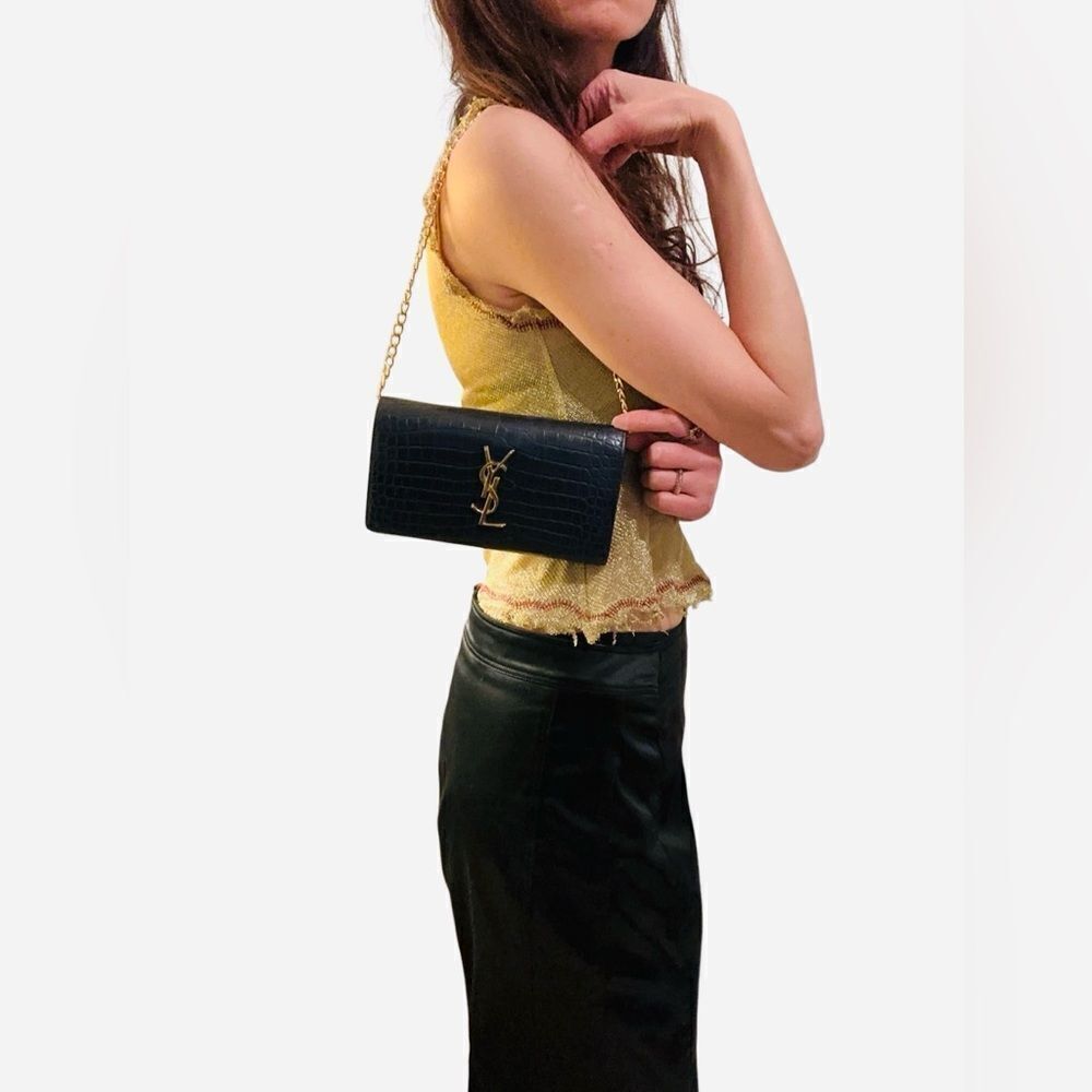 YSL dark navy crocodile embroidered leather long wallet